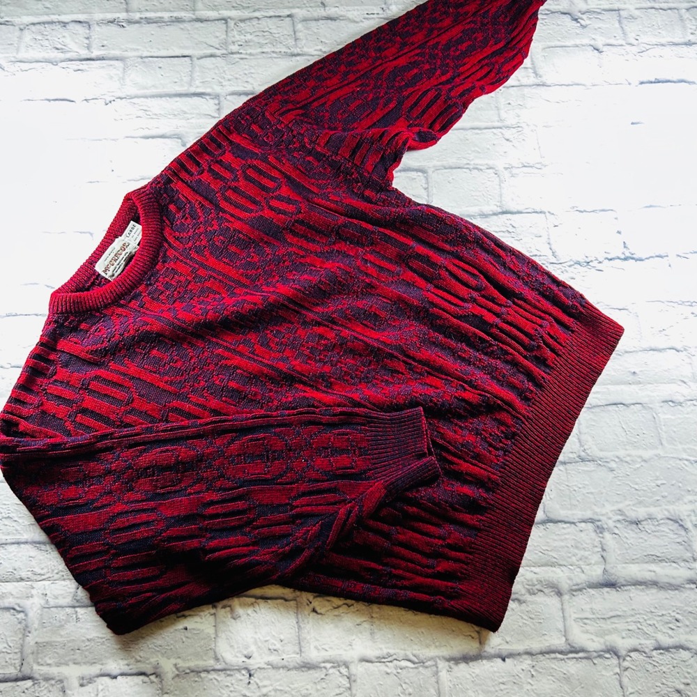 McGregor Mens Vintage 3D Knit Sweater Large Red Black Textured Pullover Guam USA